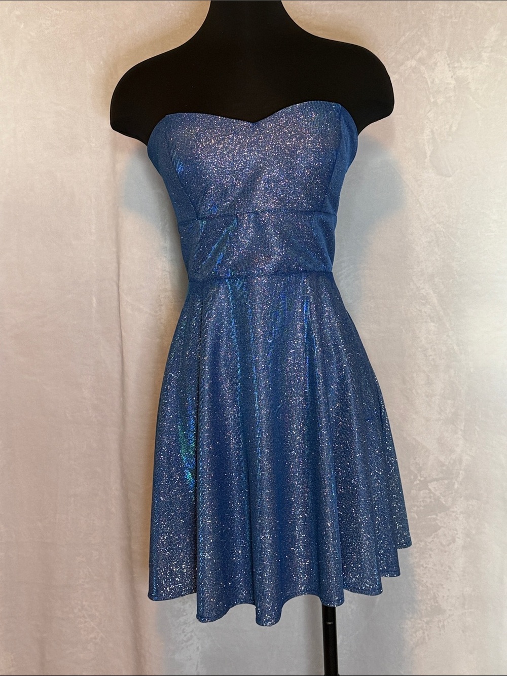 Blue Strapless Glitter Fit-and-Flare Dress